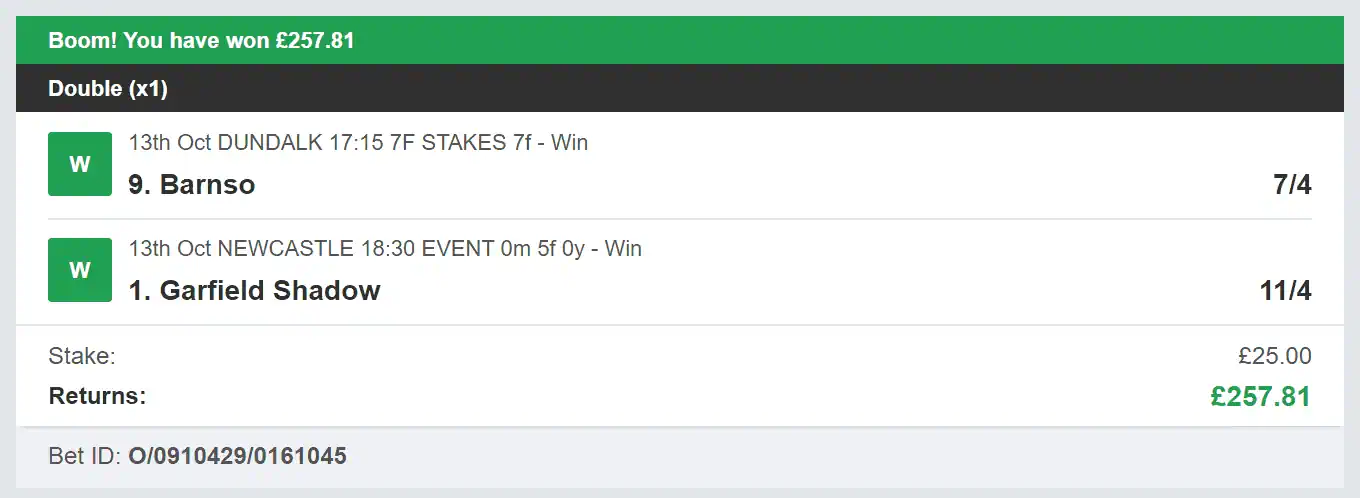 Daily Racing Winners - Winner - Double - 2023-10-13