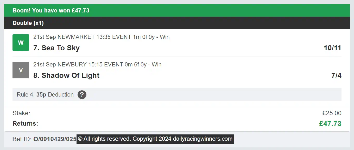 Daily Racing Winners - Winner - Double - 2024-09-21