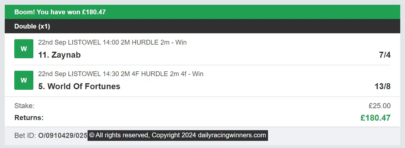 Daily Racing Winners - Winner - Double - 2024-09-22