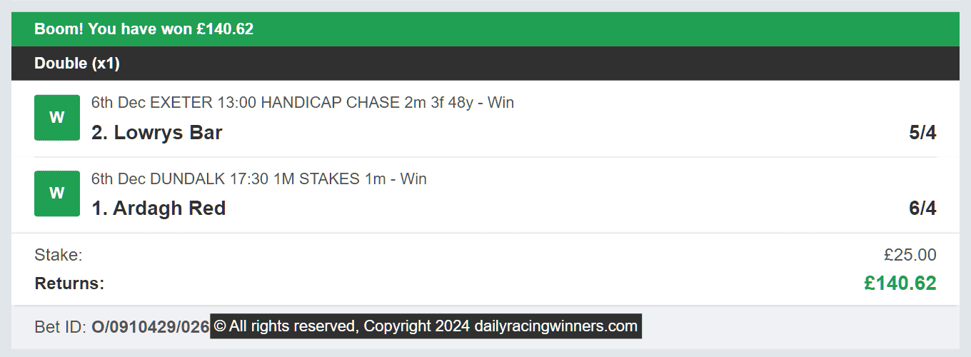 Daily Racing Winners - Winner - Double - 2024-12-06