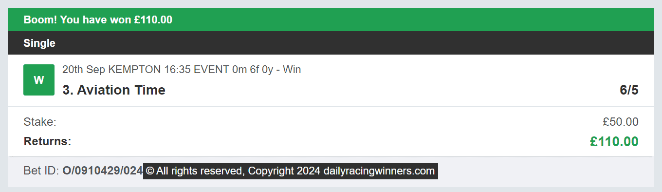 Daily Racing Winners - Winner 1 - 2024-09-20